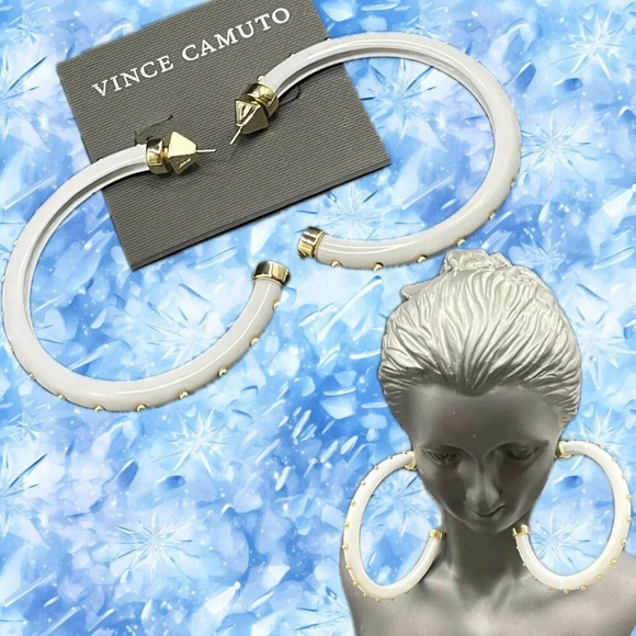 Vince Camuto Large White Metal Gold Round Studded Accent Open Hoop Post Earrings - Picture 1 of 4